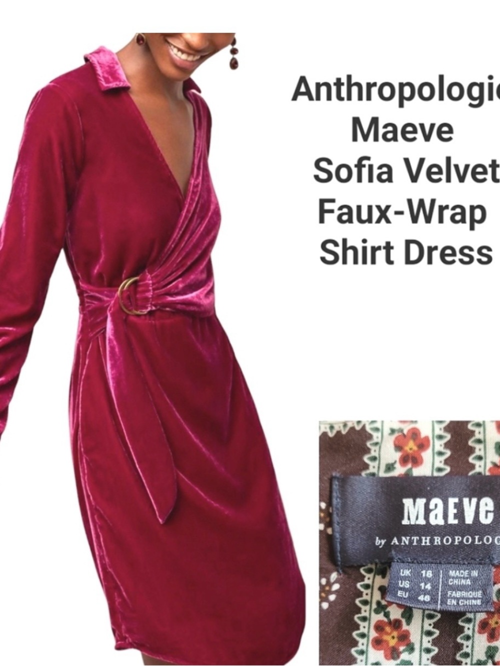 Maeve Velvet Faux-Wrap Dress in Deep Magenta